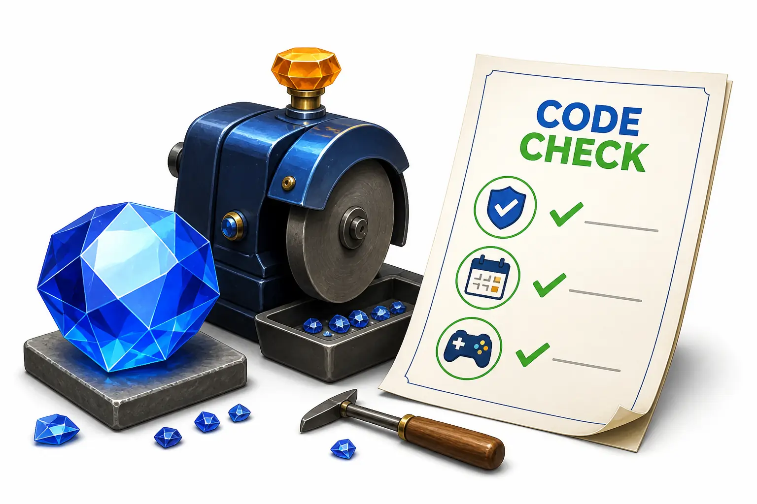 Editorial concept illustration of a gem workshop and a code verification checklist