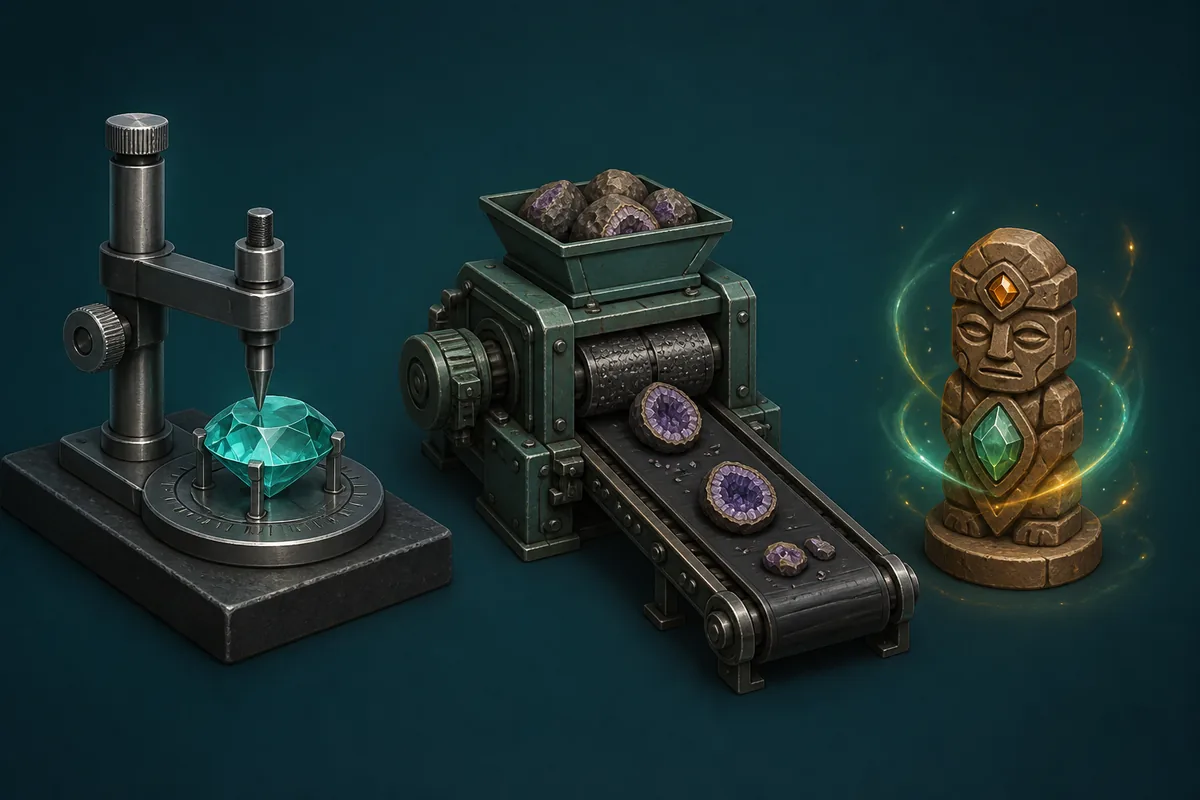 Conceptual comparison of cutting gear, a geode grinder and conveyor, and a workshop totem