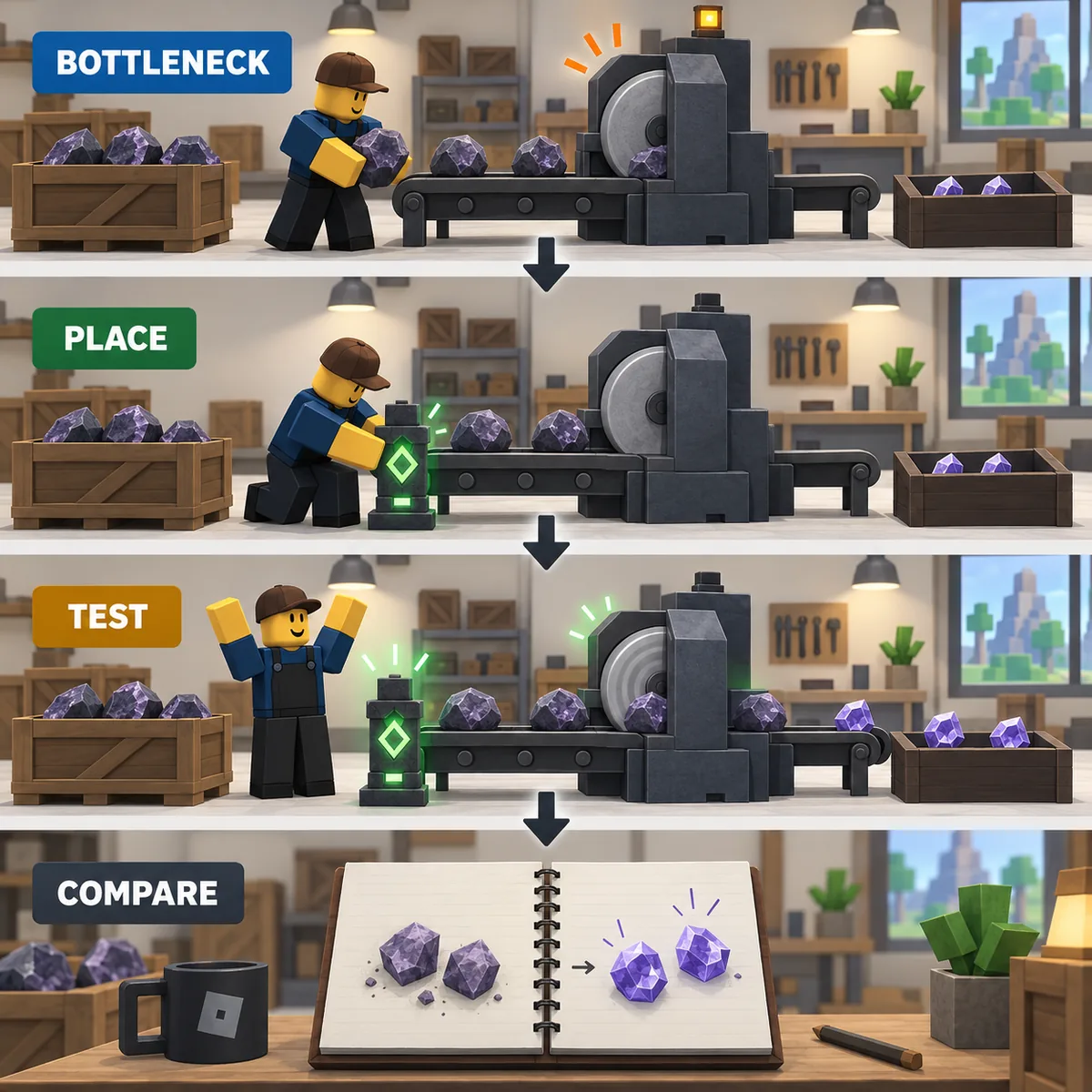 Ilustración de cuatro pasos para probar la colocación de un tótem de Cut a Gem