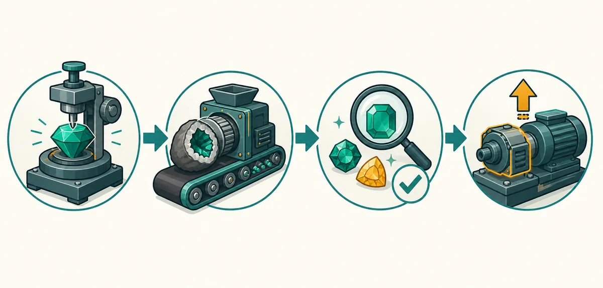 Conceptual four-step flow from stabilizing a cut to processing a geode, checking value, and upgrading the bottleneck