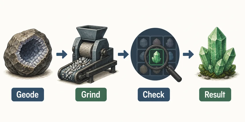 Editorial step flow from a Cut a Gem geode through a grinder to an inventory check and green crystal result