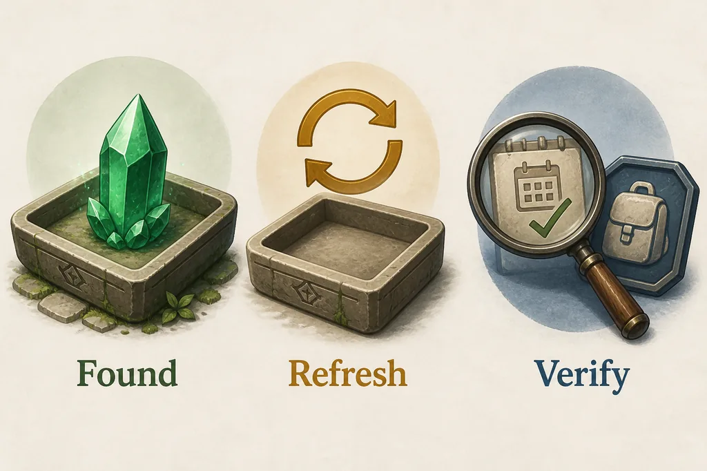 Editorial troubleshooting illustration showing a found crystal, a refresh step, and source and inventory verification