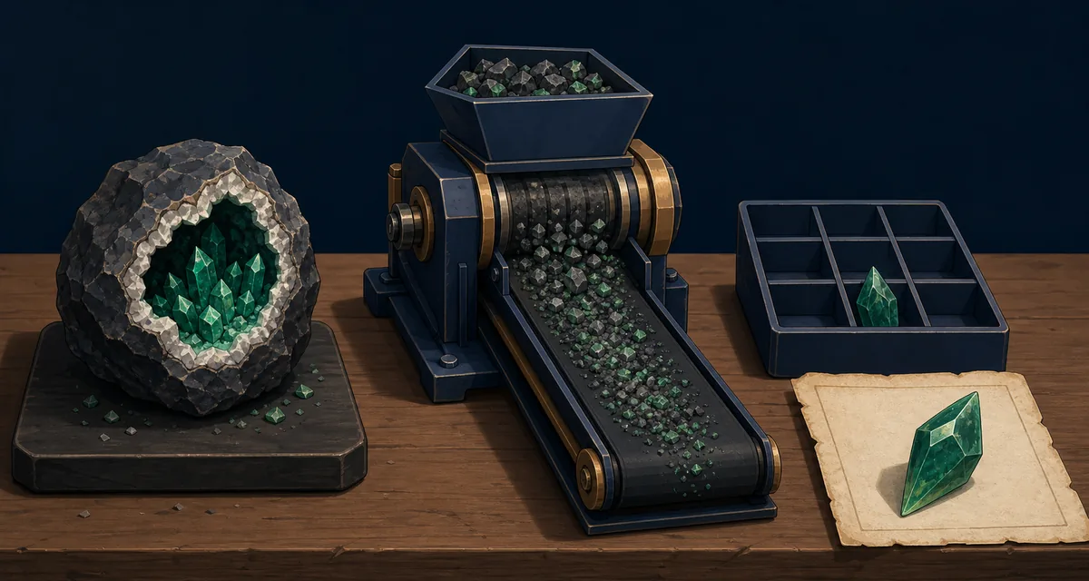 Editorial concept of a Cut a Gem geode, grinder conveyor, shard tray, and dated observation note used for a controlled test