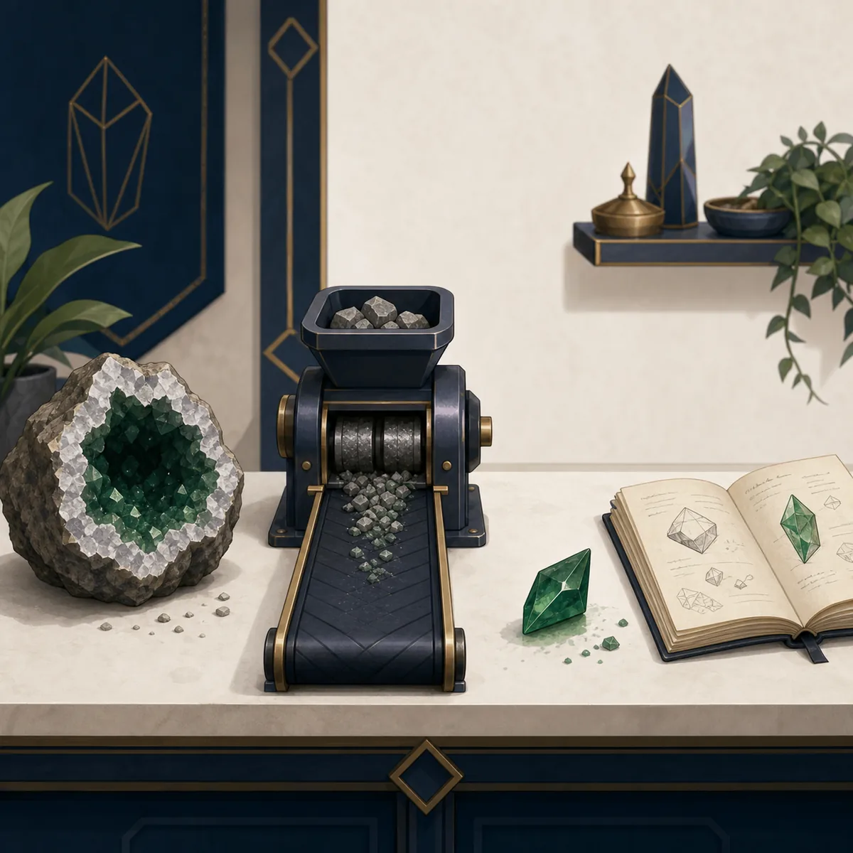Editorial concept flow from a Cut a Gem geode through a grinder and conveyor to a green shard and observation notes